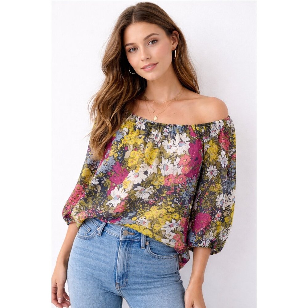 Anthropologie Acme & Esyllte 100% Silk Floral Peasant Blouse Boho Top Size M
